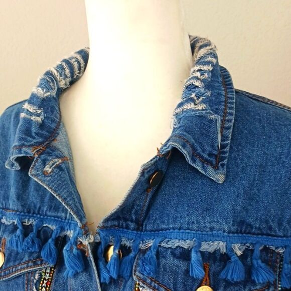 Denim land Paris Collection Women's boho fringe button-up Jean jacket sz large - Picture 4 of 14